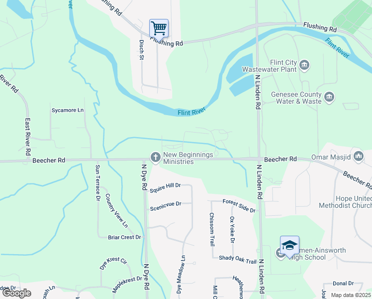 map of restaurants, bars, coffee shops, grocery stores, and more near 5392 Timberwood Point Drive in Flint