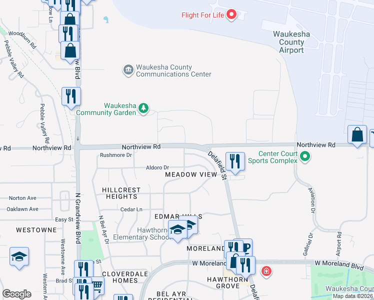 map of restaurants, bars, coffee shops, grocery stores, and more near 2158 Delafield Street in Waukesha