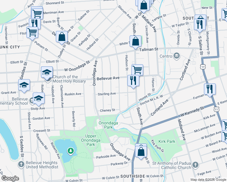 map of restaurants, bars, coffee shops, grocery stores, and more near 244 Palmer Avenue in Syracuse