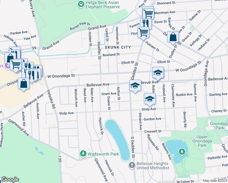 map of restaurants, bars, coffee shops, grocery stores, and more near 412 Grant Avenue in Syracuse