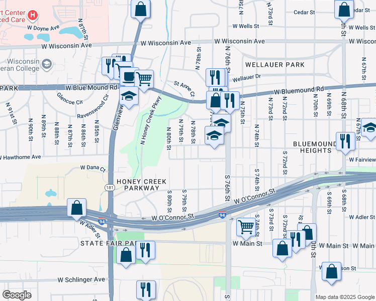map of restaurants, bars, coffee shops, grocery stores, and more near 120 North 79th Street in Milwaukee