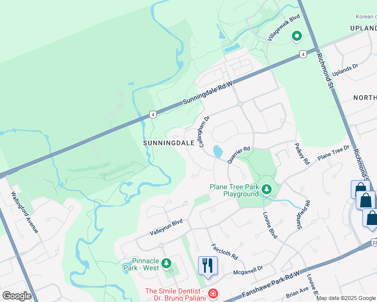 map of restaurants, bars, coffee shops, grocery stores, and more near Waterside Terrace in London