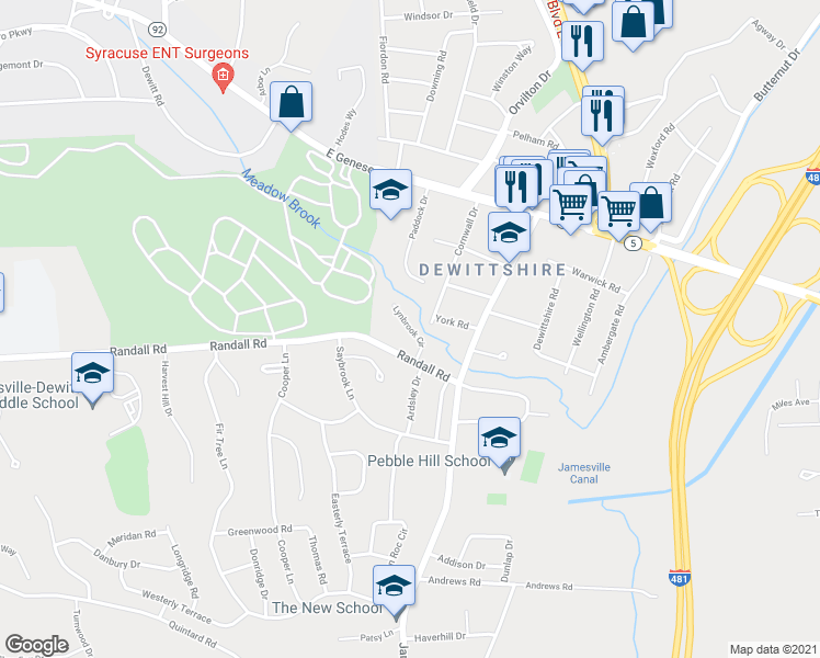 map of restaurants, bars, coffee shops, grocery stores, and more near 103 Lynbrook Circle in Syracuse