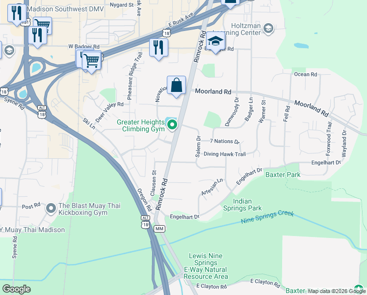 map of restaurants, bars, coffee shops, grocery stores, and more near 2725 Rimrock Rd in Madison