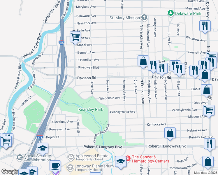map of restaurants, bars, coffee shops, grocery stores, and more near 1712 Iowa Avenue in Flint