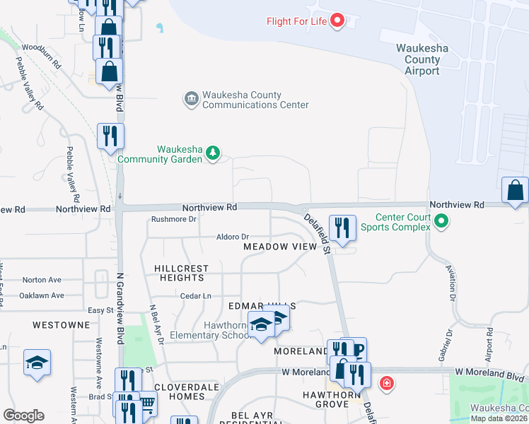 map of restaurants, bars, coffee shops, grocery stores, and more near 2158 Delafield Street in Waukesha
