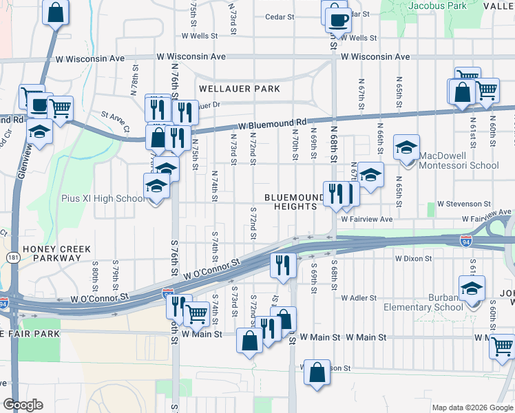 map of restaurants, bars, coffee shops, grocery stores, and more near 126 North 72nd Street in Milwaukee