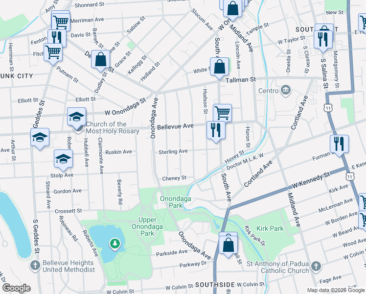 map of restaurants, bars, coffee shops, grocery stores, and more near 243 Palmer Avenue in Syracuse