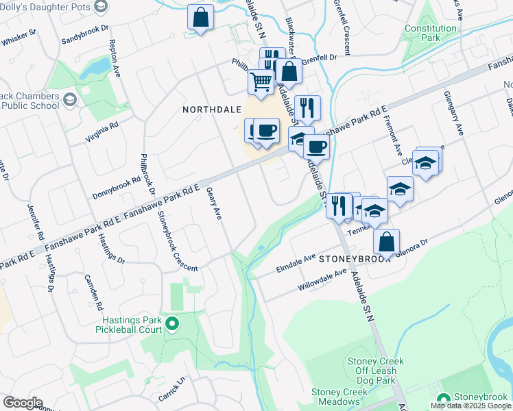 map of restaurants, bars, coffee shops, grocery stores, and more near 1514 Stoneybrook Crescent in London