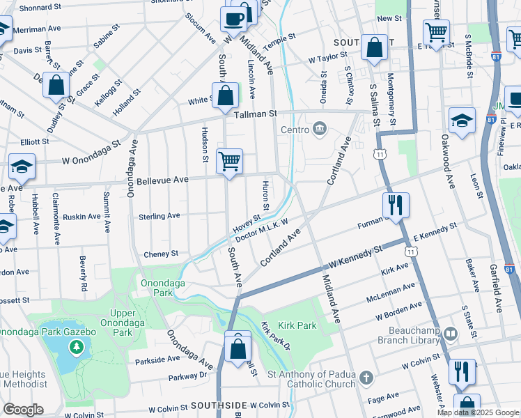 map of restaurants, bars, coffee shops, grocery stores, and more near 132 Huron Street in Syracuse