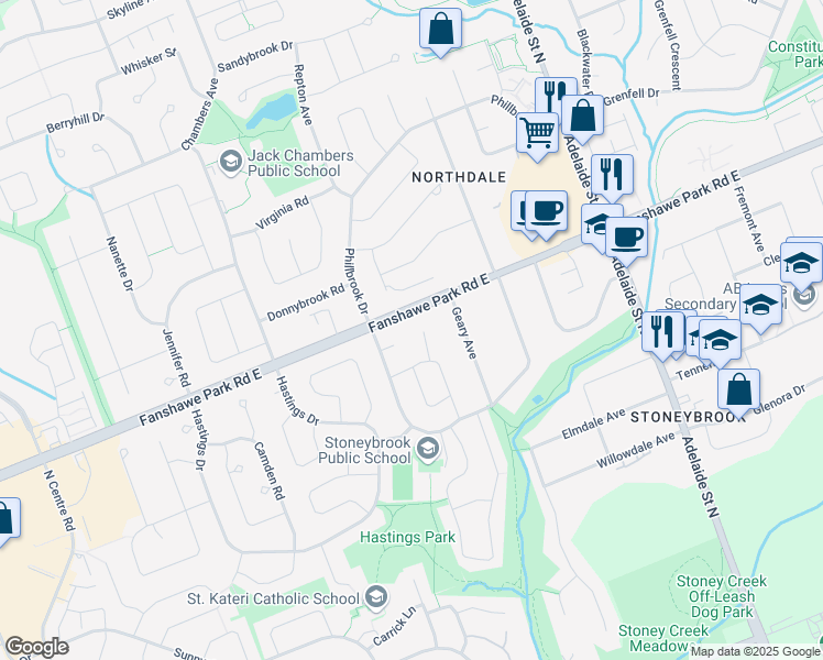 map of restaurants, bars, coffee shops, grocery stores, and more near 475 Fanshawe Park Road East in London