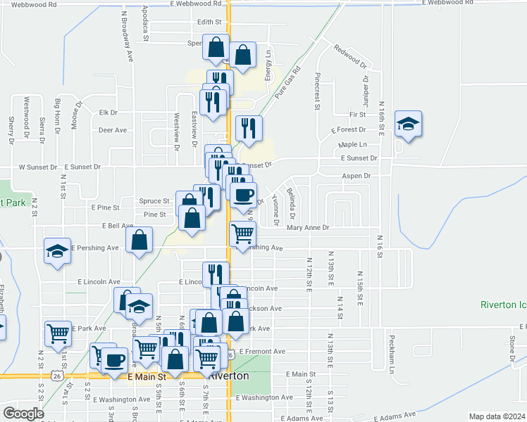 map of restaurants, bars, coffee shops, grocery stores, and more near 814 Yvonne Drive in Riverton