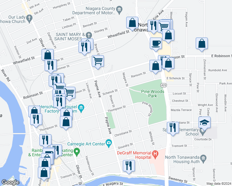 map of restaurants, bars, coffee shops, grocery stores, and more near 323 Schenck Street in North Tonawanda