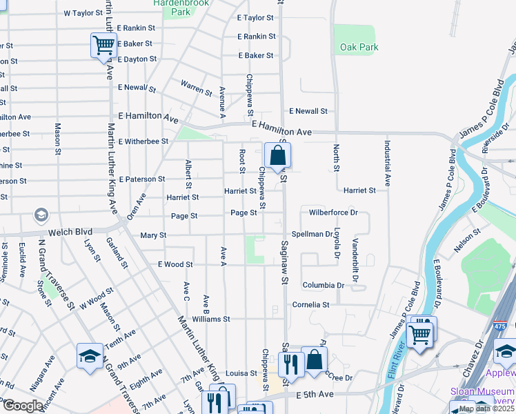 map of restaurants, bars, coffee shops, grocery stores, and more near 567 Page Street in Flint