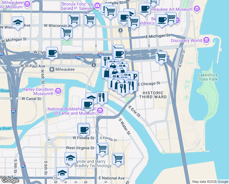map of restaurants, bars, coffee shops, grocery stores, and more near 124 North Water Street in Milwaukee