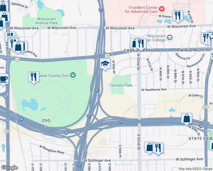 map of restaurants, bars, coffee shops, grocery stores, and more near 315 North 95th Street in Milwaukee
