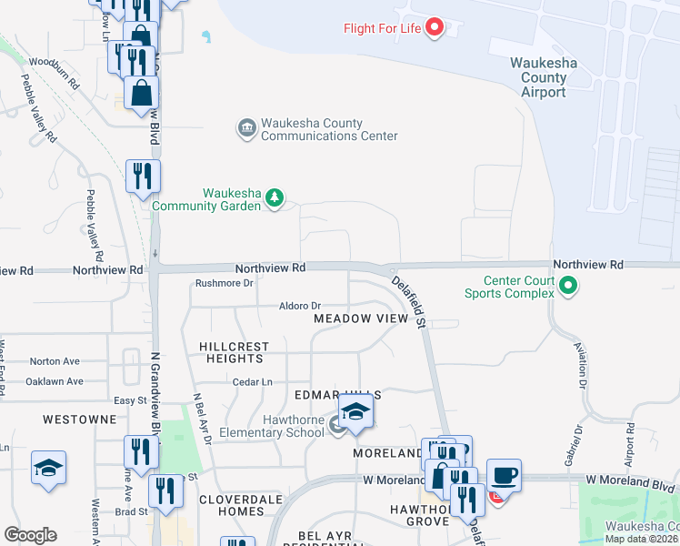 map of restaurants, bars, coffee shops, grocery stores, and more near 2158 Delafield Street in Waukesha