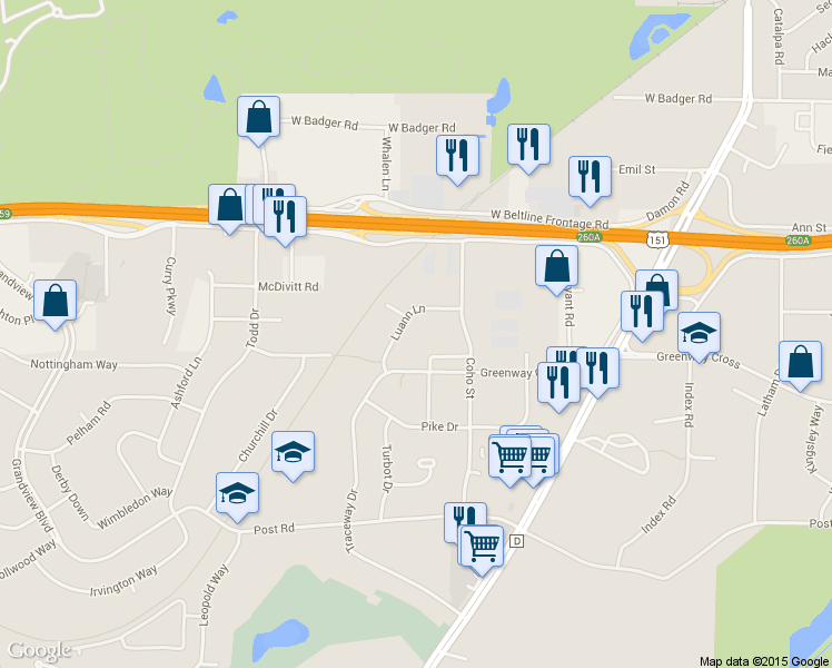 map of restaurants, bars, coffee shops, grocery stores, and more near 2127 Luann Lane in Madison