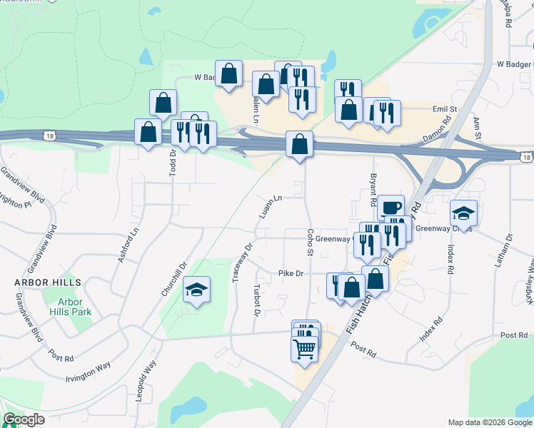 map of restaurants, bars, coffee shops, grocery stores, and more near 2234 Luann Lane in Madison