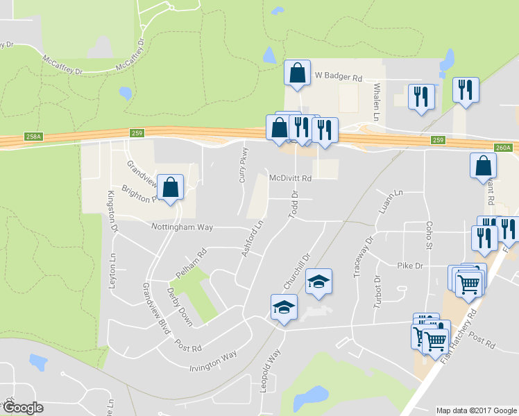 map of restaurants, bars, coffee shops, grocery stores, and more near 2922 Ashford Lane in Madison