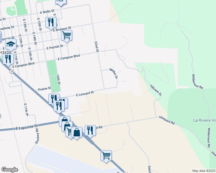 map of restaurants, bars, coffee shops, grocery stores, and more near 37260 Sand Burr Lane in Prairie du Chien