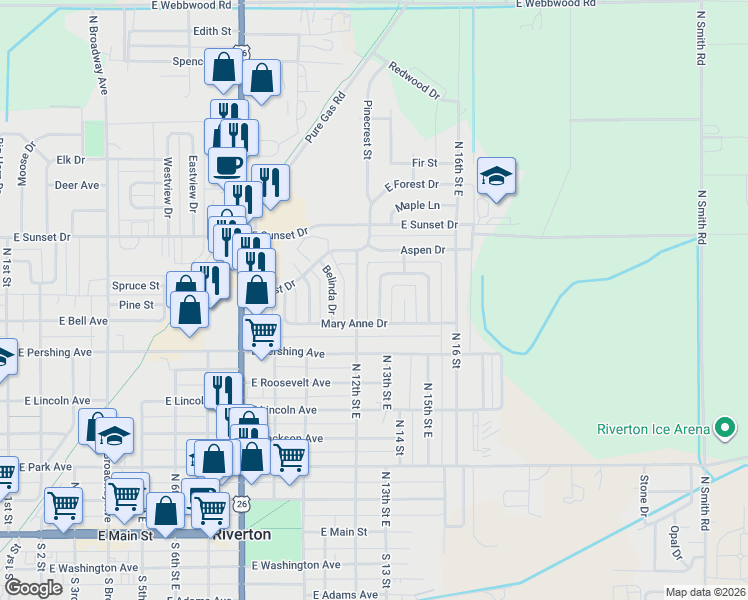 map of restaurants, bars, coffee shops, grocery stores, and more near 814 Rose Marie Drive in Riverton