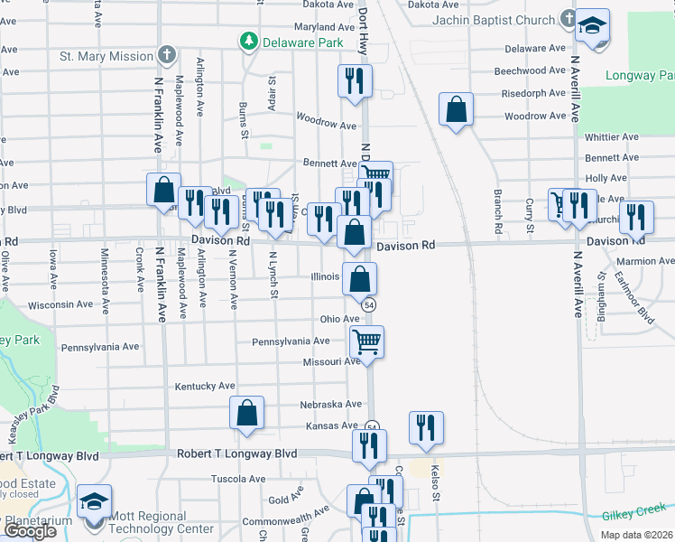 map of restaurants, bars, coffee shops, grocery stores, and more near 1701 North Meade Street in Flint