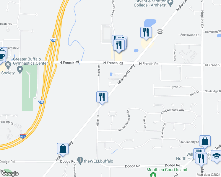 map of restaurants, bars, coffee shops, grocery stores, and more near 3238 Millersport Highway in Getzville