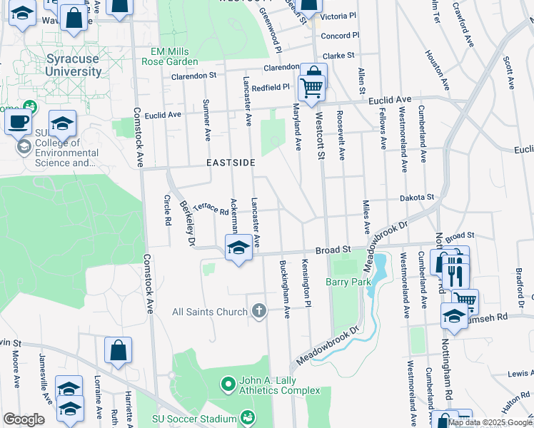 map of restaurants, bars, coffee shops, grocery stores, and more near 204 Kensington Road in Syracuse