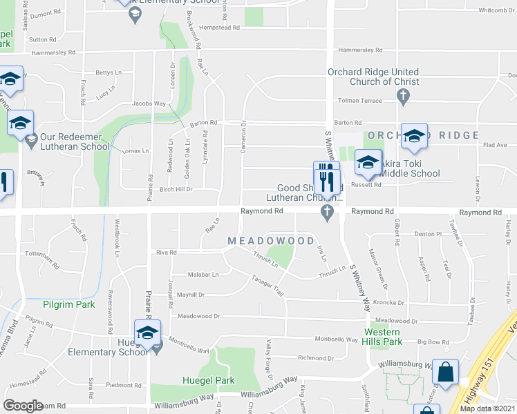 map of restaurants, bars, coffee shops, grocery stores, and more near 5836 Raymond Rd in Madison