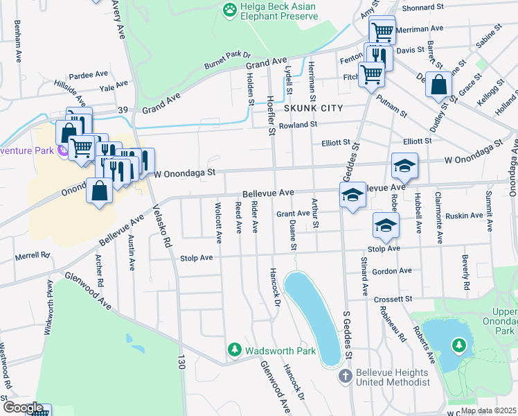 map of restaurants, bars, coffee shops, grocery stores, and more near 105 Rider Avenue in Syracuse