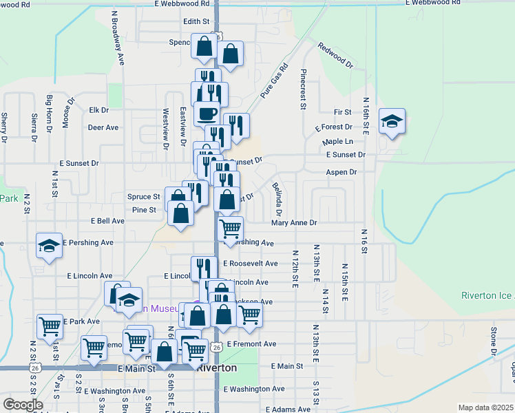 map of restaurants, bars, coffee shops, grocery stores, and more near 814 Yvonne Drive in Riverton