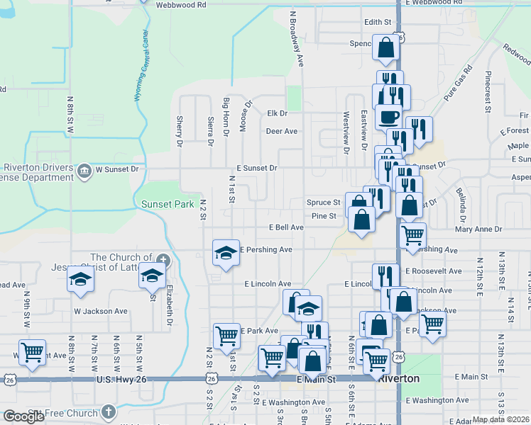 map of restaurants, bars, coffee shops, grocery stores, and more near 715 North 2 Street East in Riverton