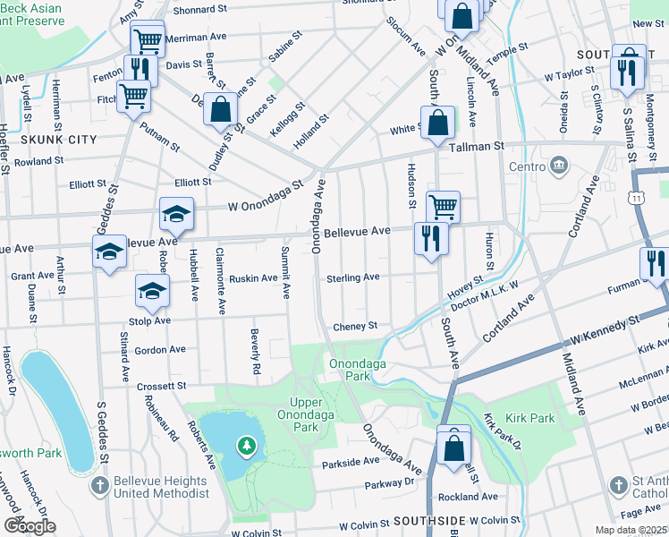 map of restaurants, bars, coffee shops, grocery stores, and more near 242 Coolidge Avenue in Syracuse