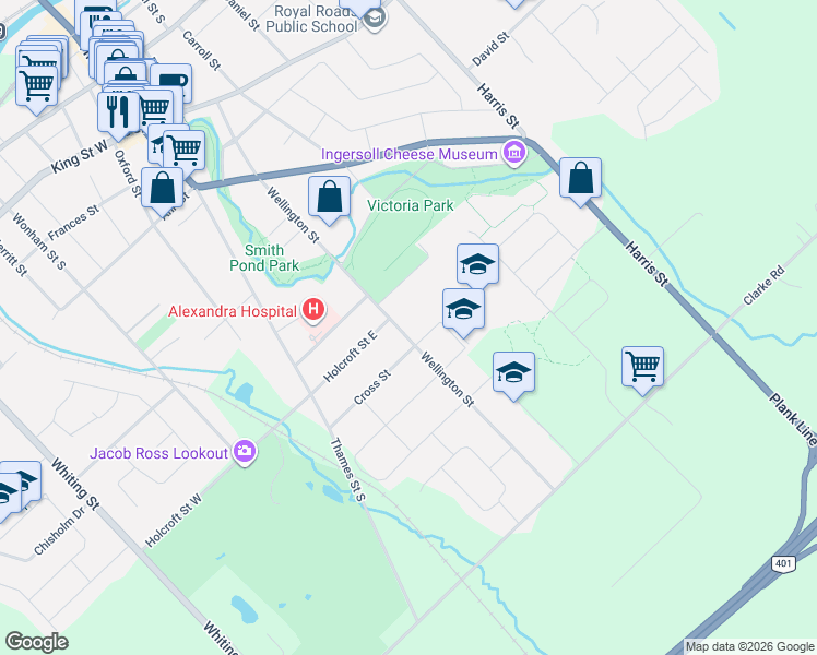 map of restaurants, bars, coffee shops, grocery stores, and more near 385 Wellington Street in Ingersoll