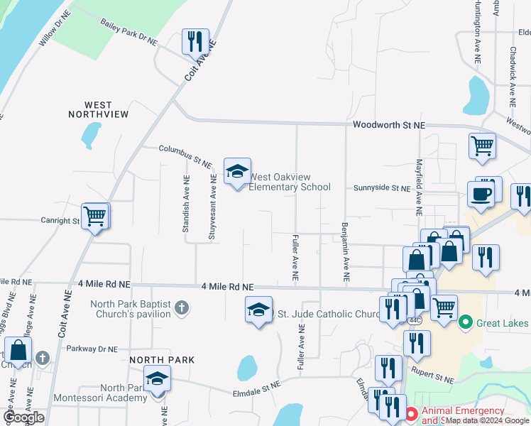 map of restaurants, bars, coffee shops, grocery stores, and more near 3737 Fitzhugh Avenue Northeast in Grand Rapids