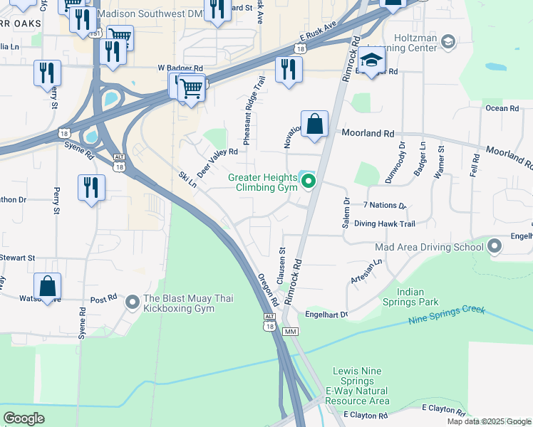 map of restaurants, bars, coffee shops, grocery stores, and more near 2642 Rimrock Road in Madison