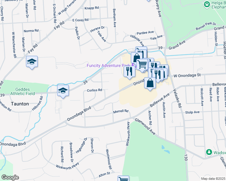 map of restaurants, bars, coffee shops, grocery stores, and more near 4625 Onondaga Boulevard in Onondaga County