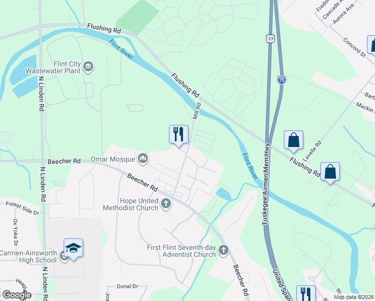 map of restaurants, bars, coffee shops, grocery stores, and more near Mill Road in Flint Township