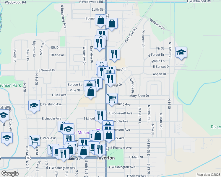 map of restaurants, bars, coffee shops, grocery stores, and more near 813 North Federal Boulevard in Riverton