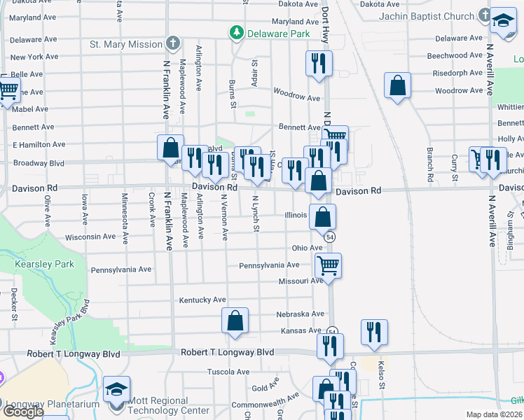 map of restaurants, bars, coffee shops, grocery stores, and more near 1706 North Lynch Street in Flint