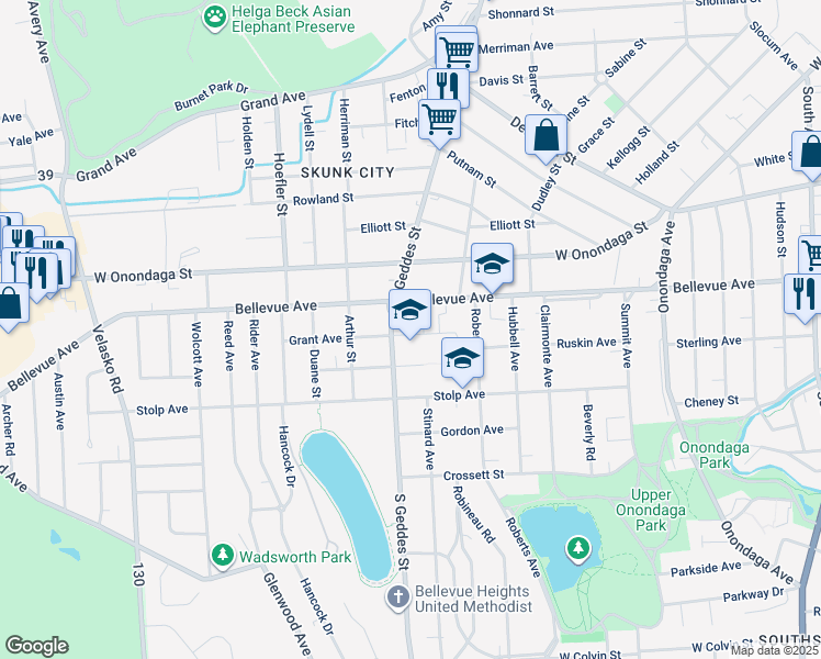 map of restaurants, bars, coffee shops, grocery stores, and more near 210 Grant Avenue in Syracuse