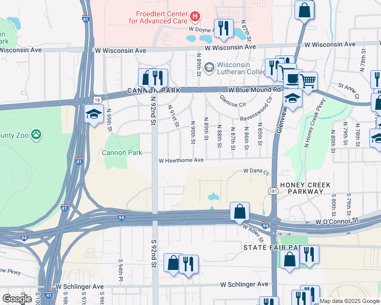 map of restaurants, bars, coffee shops, grocery stores, and more near 135 North 90th Street in Milwaukee
