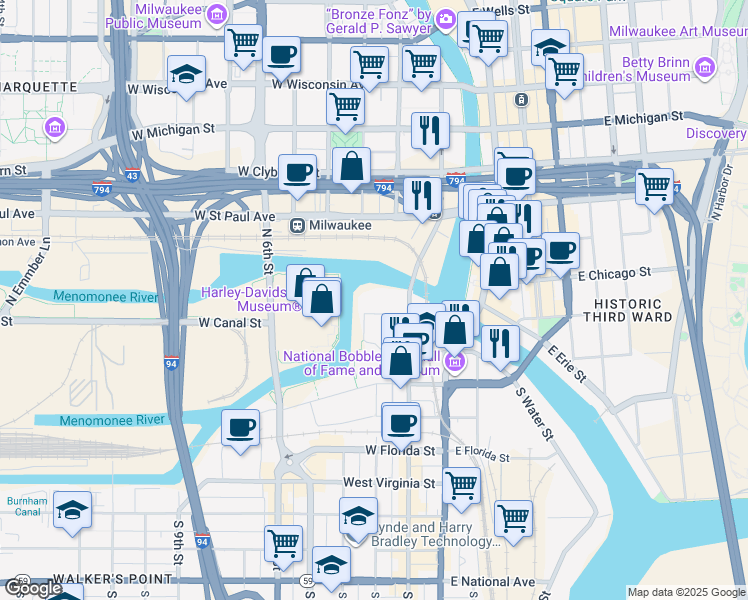 map of restaurants, bars, coffee shops, grocery stores, and more near 260 West Seeboth Street in Milwaukee