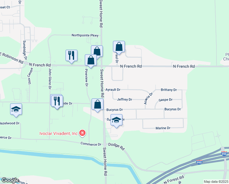 map of restaurants, bars, coffee shops, grocery stores, and more near 35 Ayrault Drive in Buffalo