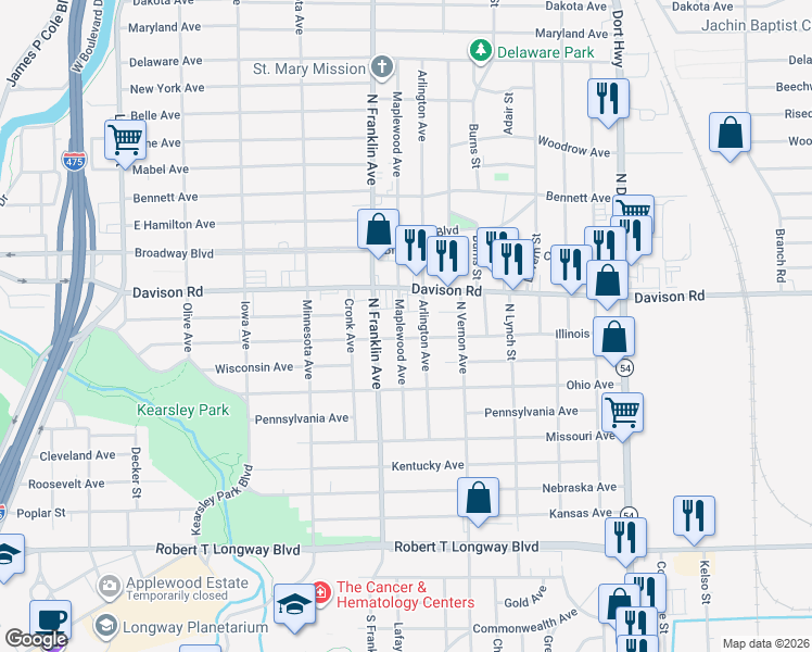 map of restaurants, bars, coffee shops, grocery stores, and more near 1710 Maplewood Avenue in Flint