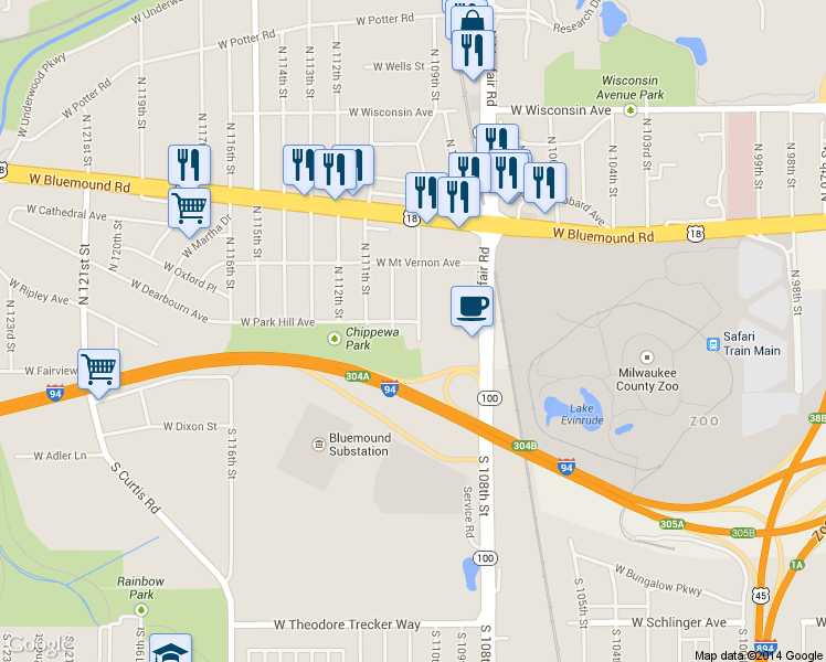 map of restaurants, bars, coffee shops, grocery stores, and more near 155 North 110th Street in Wauwatosa