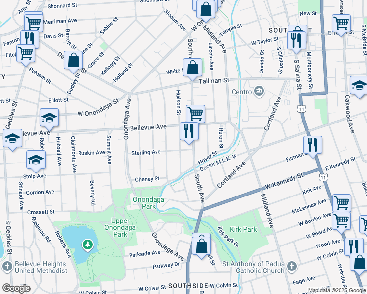 map of restaurants, bars, coffee shops, grocery stores, and more near 257 Hudson Street in Syracuse
