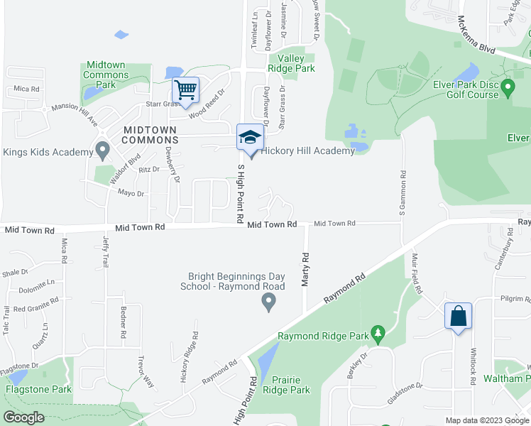 map of restaurants, bars, coffee shops, grocery stores, and more near 7642 Midtown Road in Madison