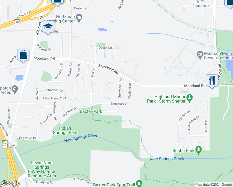 map of restaurants, bars, coffee shops, grocery stores, and more near 1034 South Sunny Vale Lane in Madison